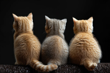 Row of three cute British shorthair catkittens, sitting backwards on edge. Looking towards background. Isolated on black background. Tails hanging over edge