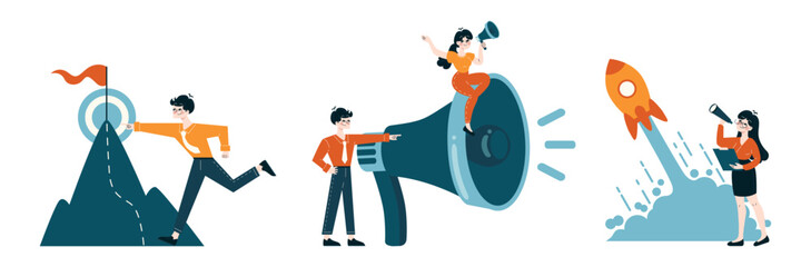Career Progress set. Dynamic professionals climbing to success, promote the product, launching innovative ideas. Career advancement concept. Flat vector illustration