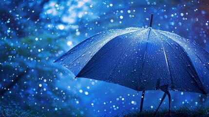 Navy blue umbrella with celestial raindrop dance. -