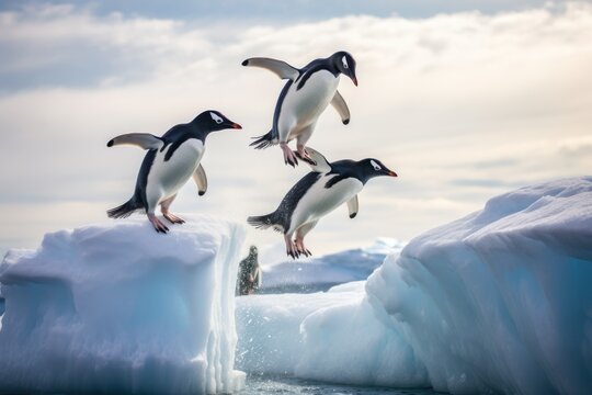  a group of penguins jumping off of an iceberg into the water in front of a blue sky with white clouds.
