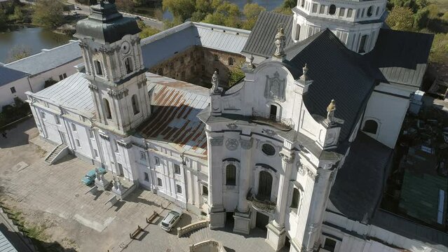 Aerial drone tilt  footage of Monastery of the Bare Carmelites in Berdychiv, historic city in Zhytomyr Oblast, Ukraine.