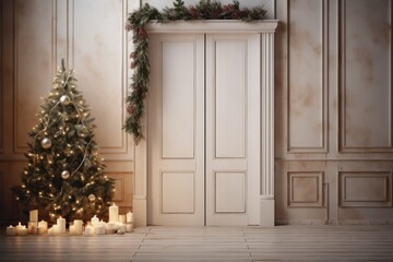  a christmas tree in front of a fireplace with lit candles in front of it and a wreath on top of the mantle.