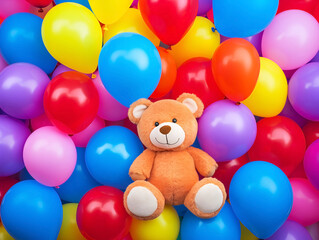 Obraz na płótnie Canvas teddy with balloon birthday party concept, Cute teddy bear with colorful balloons, kids' birthday concept