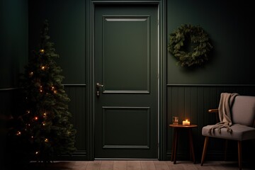  a green door in a dark room with a christmas tree in the corner and a lit candle in front of it. - obrazy, fototapety, plakaty