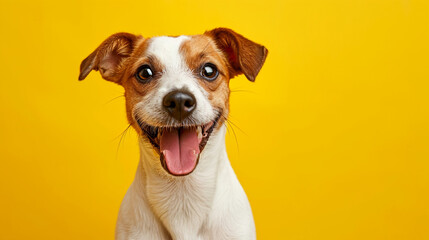 Portrait of a cute smiling happy small dog Jack Russell terrier on a yellow background isolated....