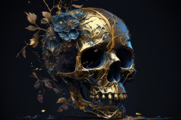  a blue and gold skull with a flower on it's head and leaves on it's head, against a black background.