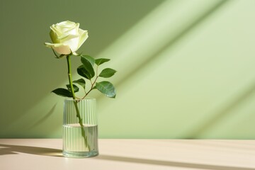  a single white rose in a glass vase with a shadow on the wall in a room with a green wall.
