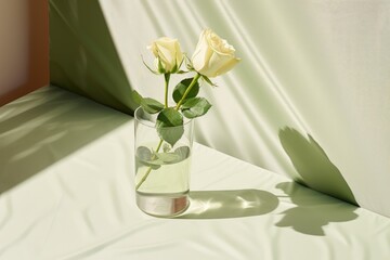  a single white rose in a glass vase on a white table cloth with a shadow of a curtain behind it.