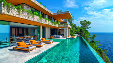 Fototapeta premium Tropical Villa with Infinity Pool and Ocean View.