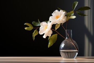  a vase filled with white flowers sitting on top of a table next to a vase with green leaves on it.
