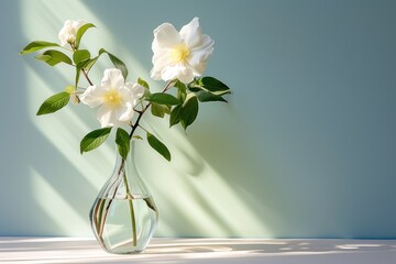  a vase filled with white flowers sitting on top of a table next to a blue wall and a shadow cast on the wall.