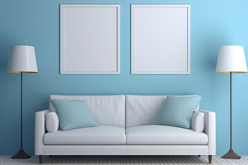 Mockup For Poster in Modern Living Room For Interior Design Light Blu and White Tones
