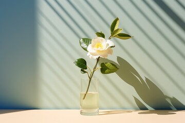  a single white rose in a glass of water with a shadow cast on the wall behind it and a shadow cast on the wall behind it.