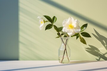  a vase filled with white flowers sitting on top of a table next to a shadow of a wall behind it.