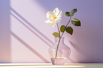 a single white rose in a clear vase with a shadow of a wall behind it and a purple wall behind it.