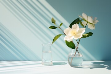  a white flower in a vase and a glass of water on a white table with a blue wall in the background.