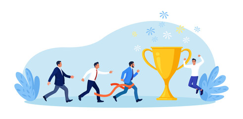 Businessman running to trophy, crossing finish line and tearing ribbon. Business success or achievement, skill or effort to succeed in work. Competitive process in business. Way to achieve the goal