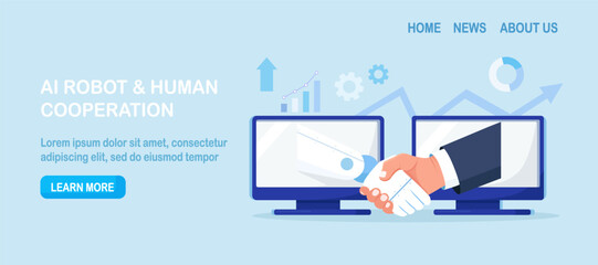 Businessman is shaking hands with an AI robot. Partnership between man, humanoid robots. Online collaboration between human, artificial intelligence. Contract with cyborg, future machine