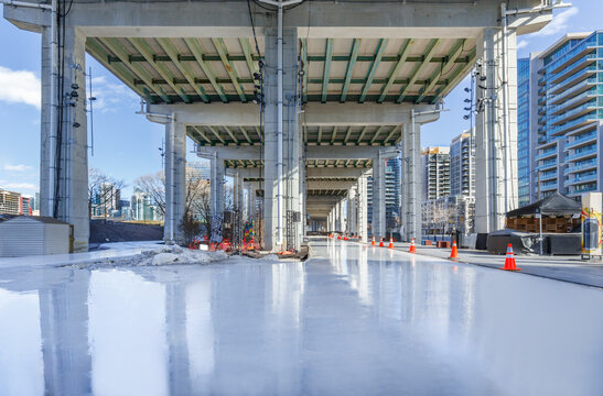 Toronto Bentway ice skating recreational trail in winter