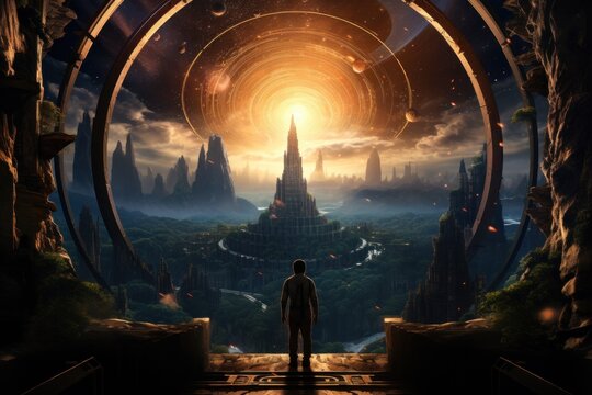  a man standing in front of a doorway with a view of a futuristic city in the middle of the picture.