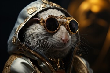  a close up of a rat wearing goggles and a jacket with a hood and goggles on it's head.