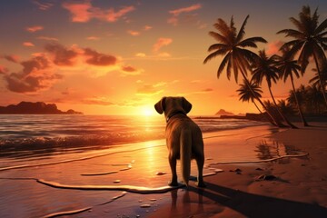  a dog standing on top of a sandy beach next to a palm tree filled ocean under a sky filled with clouds.