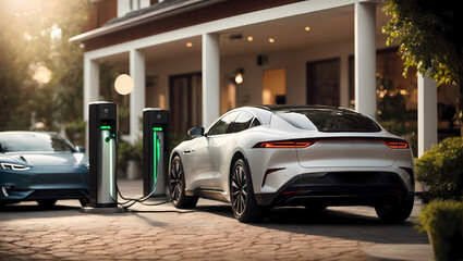 Electric vehicle recharging at home charging station using clean and renewable energy. Generative AI