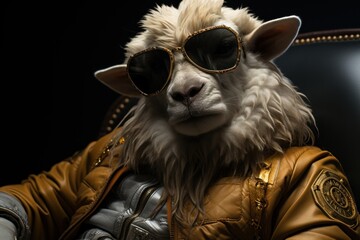  a sheep in a leather jacket with sunglasses on it's head and a leather jacket on it's shoulders.