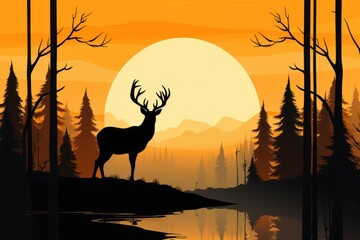  a silhouette of a deer standing in front of a sunset with trees and a body of water in the foreground.