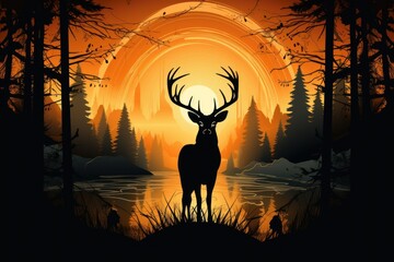  a silhouette of a deer standing in front of a sunset with a lake in the foreground and trees in the background.
