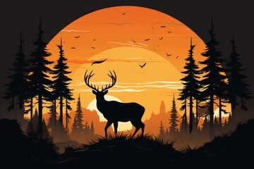  a deer standing in the middle of a forest with the sun setting in the background and birds flying in the sky.