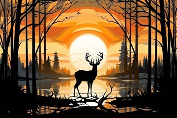  a deer standing in the middle of a forest with a lake in the background and a sunset in the background.