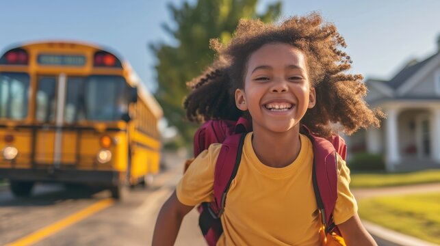 A joyful elementary school student, a girl, is captured with a delightful smile while running towards the school bus, radiating the excitement of the school day ahead