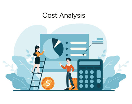 Cost Analysis illustration. Detailed expense breakdown and financial evaluation for organizational efficiency. Professionals identify categories of expenses in business. Flat vector illustration