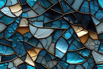  a close up of a wall made up of blue and gold leafy shapes and a light brown strip of light.