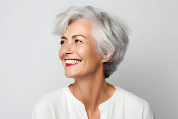 Fototapeta premium A closeup photo portrait of happy senior woman smiling, with clean teeth, for a dental ad. White background.