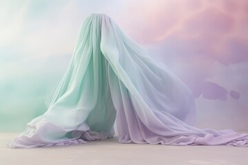 Draped material that hangs in a room with colorful lighting, soft transitions between lavender sky blue and mint green