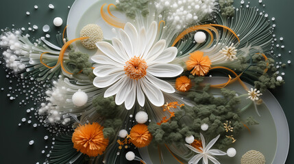 an abstract artwork with white, orange, and green flowers
