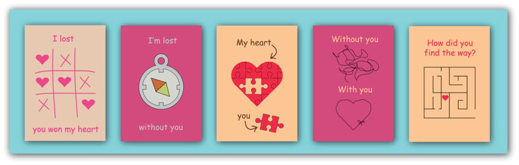 Cute creative unisex Valentine cards set. Cute, quirky valentine cards with different phrases in red and yellow colors.