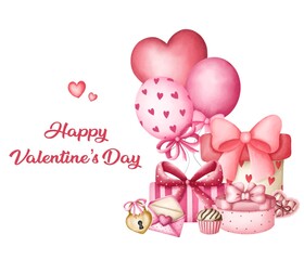 Happy Valentine’s Day, Valentine’s Day watercolor invitation ,pink hearts , cute happy postcard with hearts, valentines day postcard, romantic watercolor 