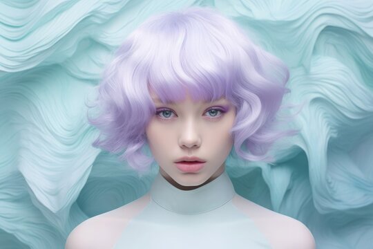 Girl with blue hair, abstract background of soft transitions between lavender sky blue and mint green color