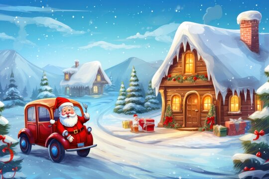 a painting of a santa claus driving a red car in front of a snowy village with a lit up christmas tree.