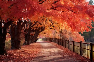  a pathway lined with trees with red leaves on the ground and a fence in the foreground with a lake in the background.