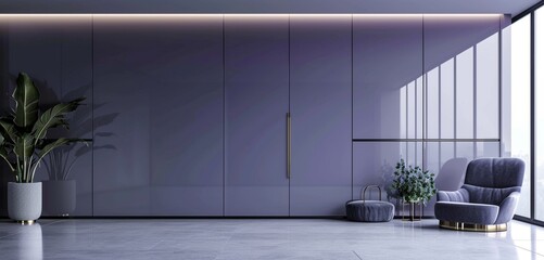 Elegant grey wardrobe, muted lavender backdrop, reflective sliding doors