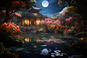 Tranquil moonlit gardens, blooming with exotic flowers and serenity under the moon's gentle gaze - Generative AI - obrazy, fototapety, plakaty