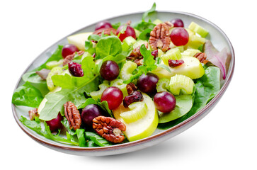 Waldorf Salad, Fresh Apple Salad with Cranberry, Grapes, Pecans and Salad Mix, Fall Salad, Comfort Food on White Background