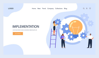 Implementation phase web or landing. A team in action, integrating solutions into a working model, the practical application of Design Thinking in progress. Flat vector illustration