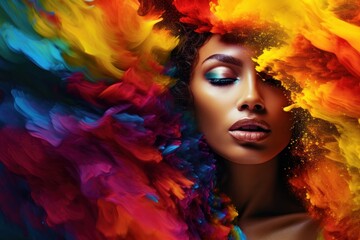  a woman's face with multicolored hair and make - up in the shape of a rainbow stream of smoke.
