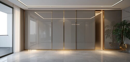 Grey wardrobe, gold accents, glossy sliding doors in a minimalist setting - obrazy, fototapety, plakaty