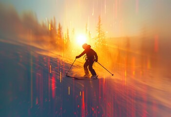 Ski, skiing on snow in the mountains, artistic, panorama landscape, sunrise, sunset